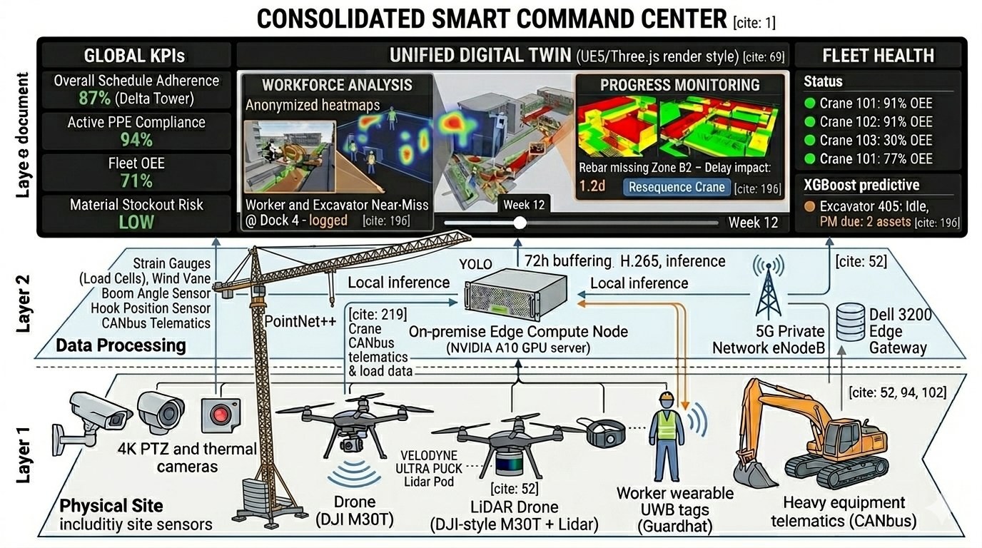 ConstructAI 3-Layer Architecture — Physical Site, Data Processing, Command Center